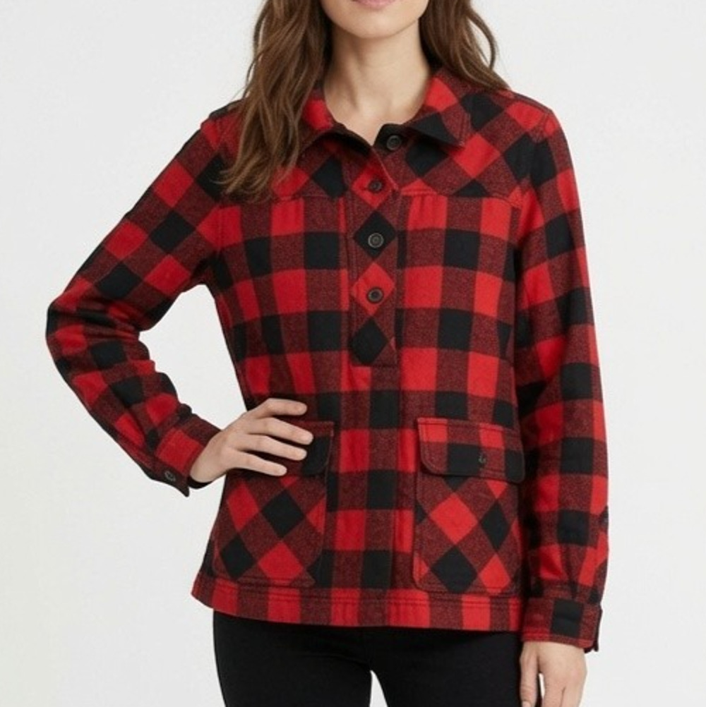 J.Crew Buffalo Plaid Wool Blend Shirt Jacket Women's M Red Black Popover Winter